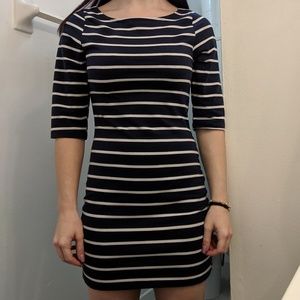 Navy blue and white striped fitted dress